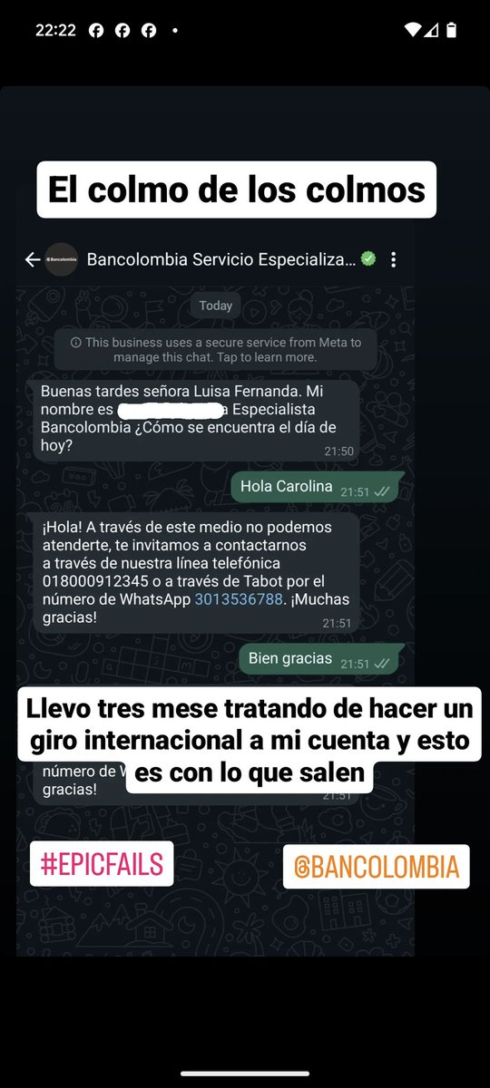 Lu_Flo's tweet image. Después de 15+ años como cliente de #Bancolombia hoy finalmente decidí que ya no más. El servicio ha decaído de una manera tan profunda que he perdido toda confianza, incluso en la seguridad de mi información. #Epicfail