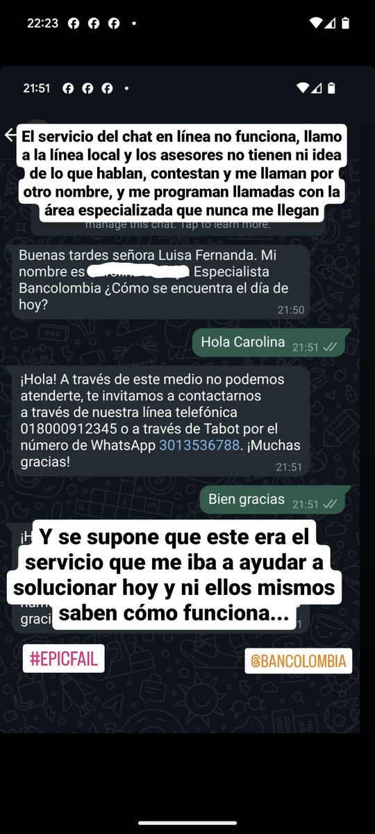 Lu_Flo's tweet image. Después de 15+ años como cliente de #Bancolombia hoy finalmente decidí que ya no más. El servicio ha decaído de una manera tan profunda que he perdido toda confianza, incluso en la seguridad de mi información. #Epicfail