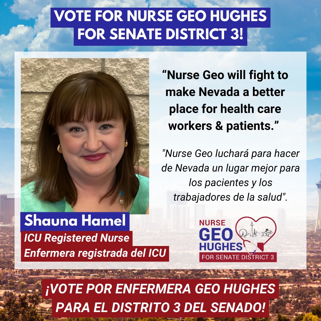 GeoForNevada's tweet photo. Shauna Hamel, ICU Registered Nurse: “Nurse Geo will fight to make Nevada a better place for health care workers & patients.”
Vote at any polling location, and vote early or by mail!
-Early Voting: Now - June 7th.
-Election Day: June 11th.
#GeoForNevada #SiSePuede https://t.co/OAIVB8bkYc