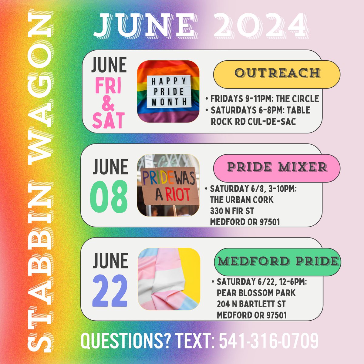 #StabbinWagon June 2024 Outreach &amp; Event Schedule! #Medford #NoCopsAtPride #ACAB #JacksonCounty #PNW #SouthernOregon #HarmReduction #OverdosePrevention #NoMoreDrugWar #SafeSupplyNow
