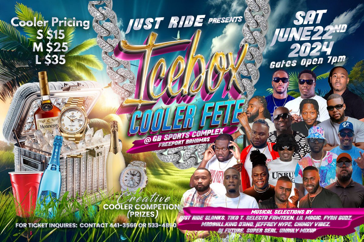 🚨ALERT 🚨 
Because of high demands we have decided to move to a larger and better venue to better serve you.
                
                Just Ride Presents 

*IceBox Cooler Fete* 🍾
June 22nd 📅
GB Sports Complex Grounds 📍 

Tickets Only $20 •