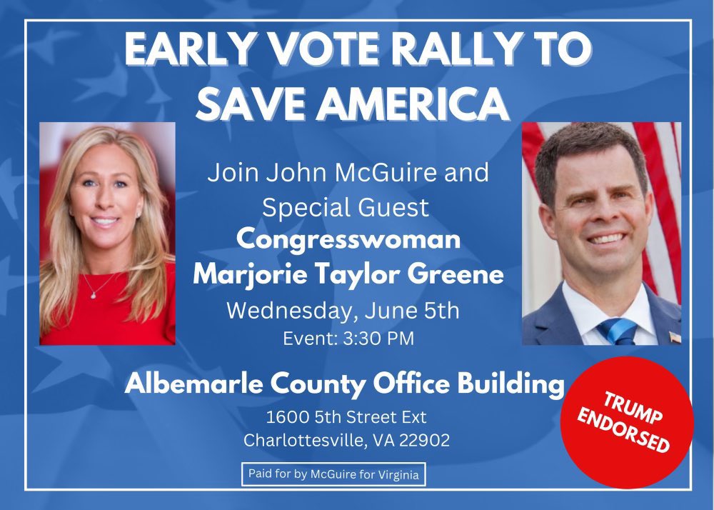 CommunityInteg's tweet image. Can @AlbemarleCounty confirm that it is going to allow an illegal campaign rally at a polling place? Their own flyer calls this a rally.