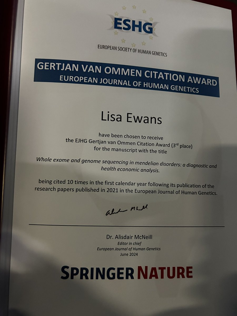 (Elizabeth) Emma Palmer (she / her) (@emmagenetics) on Twitter photo Woo hoo! The very brilliant <a href="/LisaJEwans/">Lisa Ewans</a> won a prestigious <a href="/ejhg_journal/">European Journal of Human Genetics</a> prize for her highly cited paper <a href="/eshgsociety/">European Society of Human Genetics (ESHG)</a> conference in Berlin. Honoured to have this incredible clinician scientist as a colleague and friend <a href="/hgsa/">Henry Gerson</a> <a href="/UNSWMedicine/">UNSW Medicine & Health</a> <a href="/SCHNkids/">Sydney Children's Hospitals Network</a> <a href="/jodieingles27/">A/Prof Jodie Ingles</a> <a href="/RareVoices/">Rare Voices Australia</a> Woo hoo! The very brilliant <a href="/LisaJEwans/">Lisa Ewans</a> won a prestigious <a href="/ejhg_journal/">European Journal of Human Genetics</a> prize for her highly cited paper <a href="/eshgsociety/">European Society of Human Genetics (ESHG)</a> conference in Berlin. Honoured to have this incredible clinician scientist as a colleague and friend <a href="/hgsa/">Henry Gerson</a> <a href="/UNSWMedicine/">UNSW Medicine & Health</a> <a href="/SCHNkids/">Sydney Children's Hospitals Network</a> <a href="/jodieingles27/">A/Prof Jodie Ingles</a> <a href="/RareVoices/">Rare Voices Australia</a>