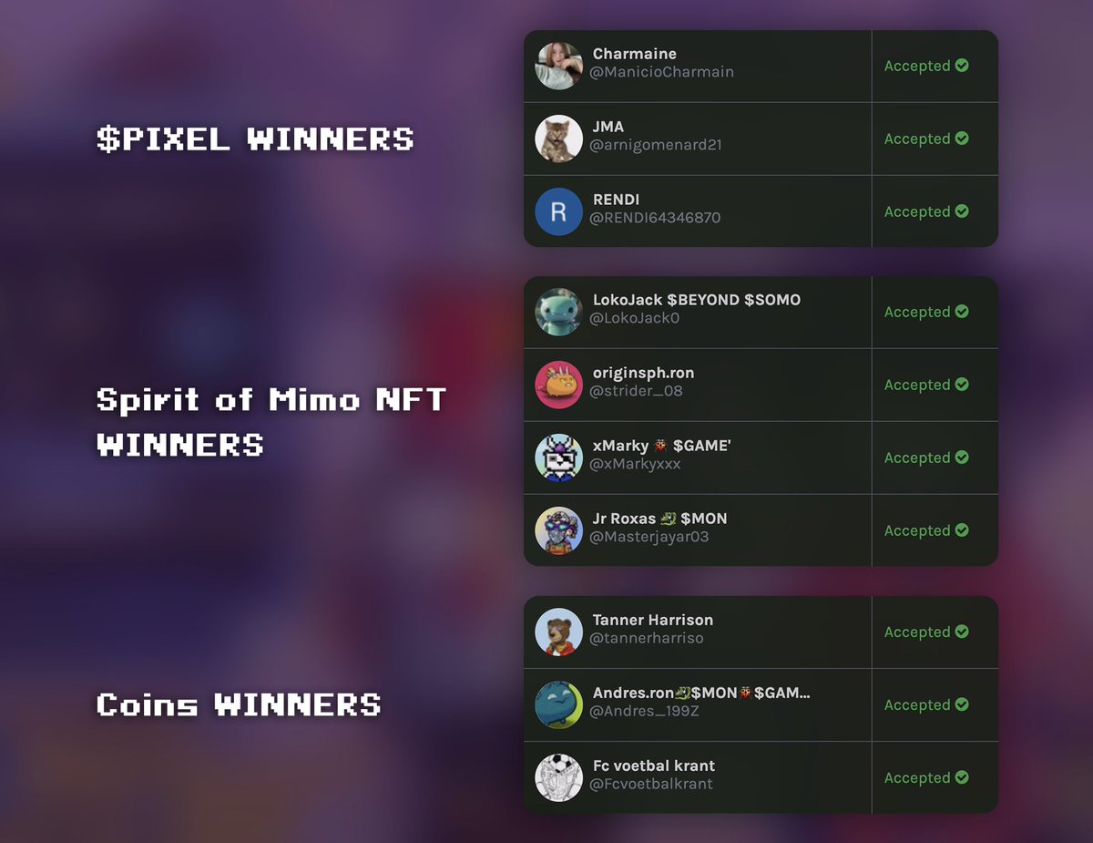 Zombina | KIND (@zombinaaaaa) on Twitter photo <a href="/SpiritMimoNFT/">Spirit of Mimo</a> @pyjamasclub WoooHooo!!! ✨ Congratulations!!! 🌛💤
🏆 10 WINNERS 🏆
1️⃣ <a href="/ManicioCharmain/">Charmaine</a> - 25 $PIXEL
2️⃣ <a href="/arnigomenard21/">JMenard</a> - 15 $PIXEL
3️⃣ <a href="/RENDI64346870/">RENDI</a> - 10 $PIXEL
4️⃣ <a href="/LokoJack0/">LokoJack</a> - 1 Spirit of Mimo NFT (choose 1 out of 4)
5️⃣ <a href="/strider_08/">originsph.ron 🚀 $RONKE</a> - 1 Spirit of Mimo NFT (choose 1 out of 3)
6️⃣ <a href="/xMarkyxxx/">xMarky W3GG 🟨</a> <a href="/SpiritMimoNFT/">Spirit of Mimo</a> @pyjamasclub WoooHooo!!! ✨ Congratulations!!! 🌛💤
🏆 10 WINNERS 🏆
1️⃣ <a href="/ManicioCharmain/">Charmaine</a> - 25 $PIXEL
2️⃣ <a href="/arnigomenard21/">JMenard</a> - 15 $PIXEL
3️⃣ <a href="/RENDI64346870/">RENDI</a> - 10 $PIXEL
4️⃣ <a href="/LokoJack0/">LokoJack</a> - 1 Spirit of Mimo NFT (choose 1 out of 4)
5️⃣ <a href="/strider_08/">originsph.ron 🚀 $RONKE</a> - 1 Spirit of Mimo NFT (choose 1 out of 3)
6️⃣ <a href="/xMarkyxxx/">xMarky W3GG 🟨</a>