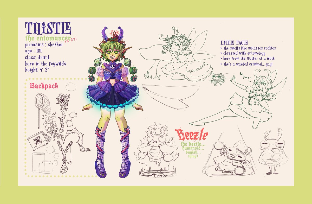 Kindlsticks's tweet photo. @bubbydarkstar This is my DnD character Thistle! She's an entomancer fairy that travels with a demon trapped in a beetle! Love your work! 💕 https://t.co/e4cnNpwqLB