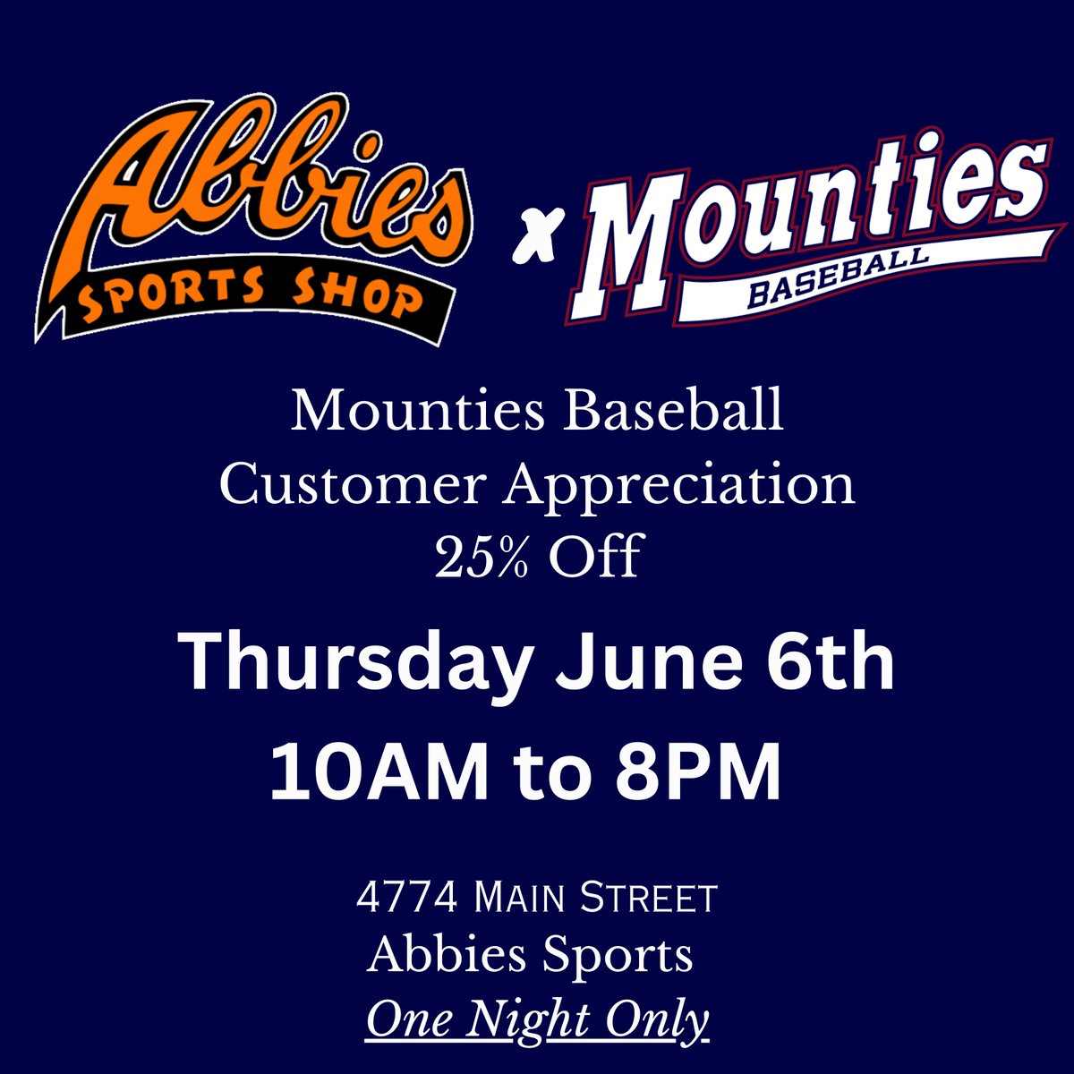 Mounties Baseball Customer Appreciation Day - 25% Off
Thursday, June 6th, 10am to 8pm.

Check out the online store at the link below!
…ballmountiesapparel2024.itemorder.com/shop/home/