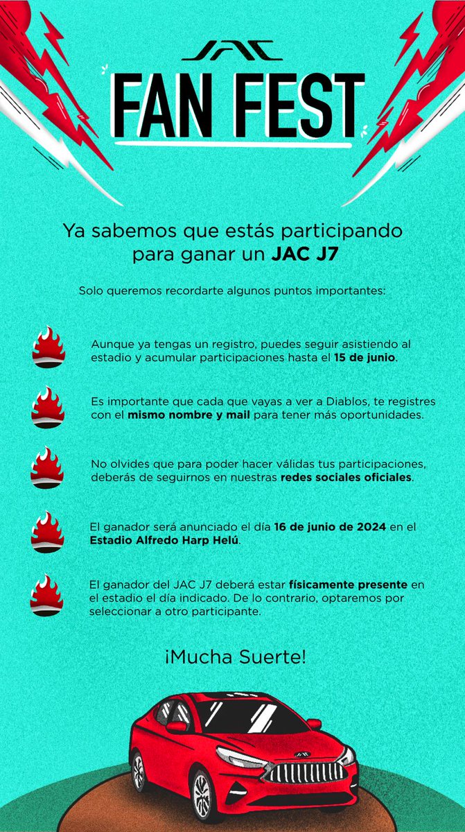 JACMotorsMX's tweet photo. Si estás participando para ganar el JAC J7, el auto oficial de los @DiablosRojosMX, en el JAC Fan Fest🚗🔥 ¡esto es todo lo que necesitas saber para llevártelo a casa! 🎉 

#JACMéxico #JACFanFest #JACalaDiabla https://t.co/4F3wDHXOQ7