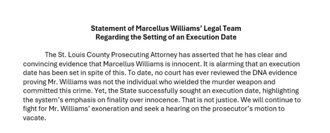 Breaking news: The Missouri Supreme Court has scheduled #MarcellusWilliams to be executed on Sept. 24, 2024 for a crime DNA proves he did not commit. Read the statement from Mr. Williams legal team below.