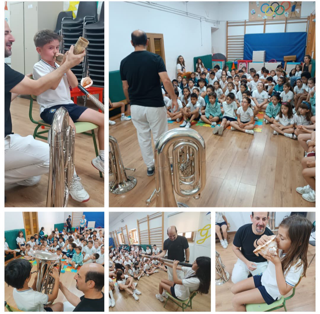 CCsanpascual's tweet photo. Hoy nos visitó Jose Ángel, papá del cole  y profesor de tuba, deleitó a pequeños y mayores con los instrumentos de la familia viento-metal. Nos  sorprendió con instrumentos como una caracola de mar , un cuerno de vaca, una manguera y un embudo. ¡Todo vale para  hacer música !🎷🎺 https://t.co/shDgiVmxl9