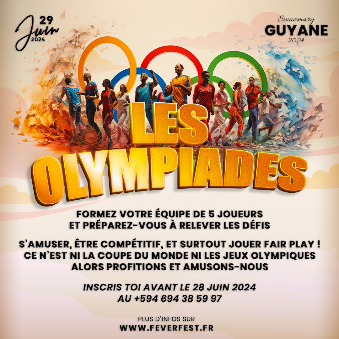Rejoins-nous pour relever nos défis lors des Olympiades de la Suppa Hot Sinna. L'essentiel, c'est de s'amuser et jouer fair play, mais ça reste une compétition 😈

🏨 Chambres disponibles sur WA : +594(0).694.38.59.97 

L’équipe FEVER FEST 🧯
