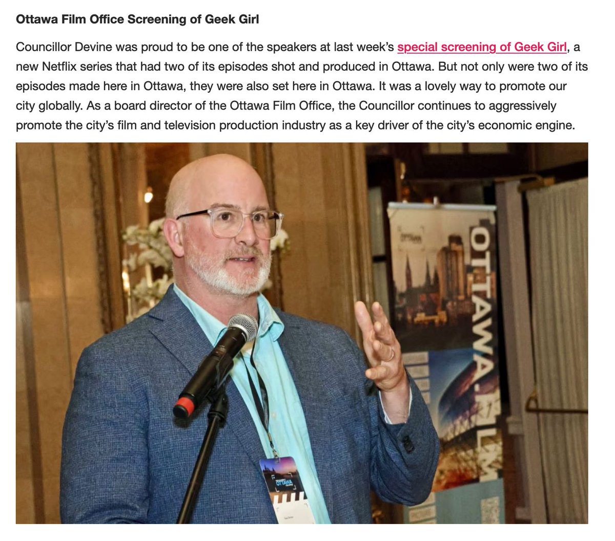 Ottawa Film Office | Bureau du cinéma d'Ottawa (@ottawafilmtv) on Twitter photo Thank you Councillor <a href="/DevineSean/">Sean Devine</a> for including our special screening of #GeekGirl in your newsletter! We are so grateful for your support as a dedicated Board member and a steadfast champion of our local film and TV sector buff.ly/3yN6n3N Thank you Councillor <a href="/DevineSean/">Sean Devine</a> for including our special screening of #GeekGirl in your newsletter! We are so grateful for your support as a dedicated Board member and a steadfast champion of our local film and TV sector buff.ly/3yN6n3N