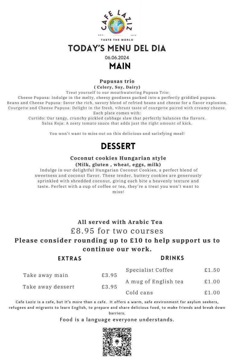 This week’s dessert sounds like it’s going to be immense! See you on Thursday for some truly international grub made and served by some truly fantastic international people 🥰🤩 Thursday 12-1.30 @ Chain Lane Community Centre, Hinckley Road, St Helens, WA11 9HT