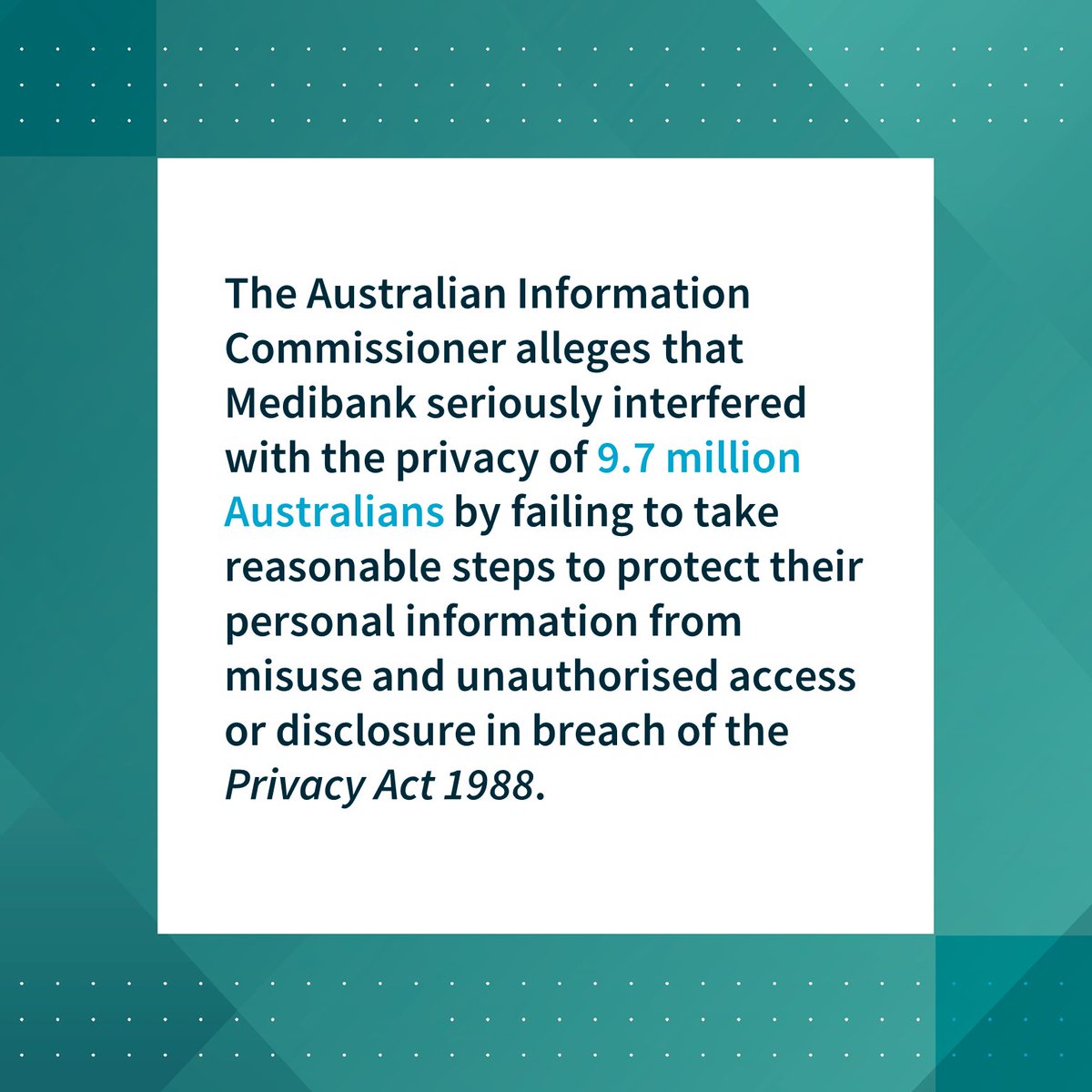 OAICgov's tweet photo. The Australian Information Commissioner has filed civil penalty proceedings in the Federal Court against Medibank in relation to its October 2022 data breach.
Read our media release: https://t.co/xJP5hXn57h https://t.co/5qYup6nn57