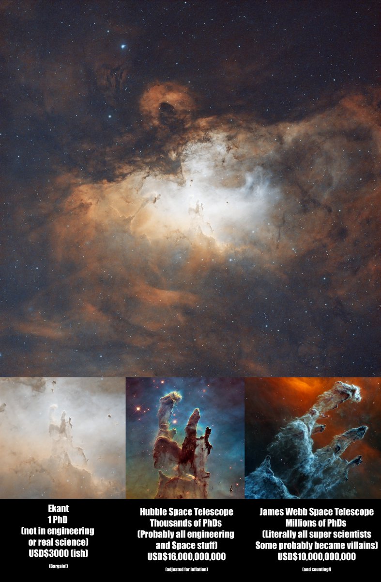 Ekant Veer (@veerofftrack) on Twitter photo With my 1 #PhD (unrelated to anything useful) and meagre budget I was able to take this pic...imagine what I could do with <a href="/NASAHubble/">Hubble</a> or <a href="/ESA_Webb/">ESA Webb Telescope</a>'s budget. Basically, I'm crowdfunding for my own space telescope - who wants in 😅
<a href="/NASA/">NASA</a> <a href="/esa/">European Space Agency</a> <a href="/apod/">Astronomy Picture of the Day</a> With my 1 #PhD (unrelated to anything useful) and meagre budget I was able to take this pic...imagine what I could do with <a href="/NASAHubble/">Hubble</a> or <a href="/ESA_Webb/">ESA Webb Telescope</a>'s budget. Basically, I'm crowdfunding for my own space telescope - who wants in 😅
<a href="/NASA/">NASA</a> <a href="/esa/">European Space Agency</a> <a href="/apod/">Astronomy Picture of the Day</a>