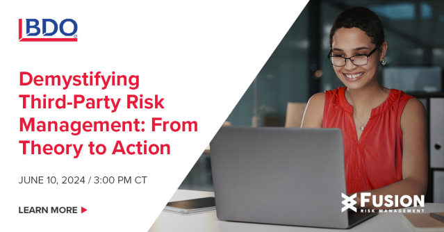 Ready to take your third-party risk management to the next level? Gain actionable strategies though our chat with <a href="/FusionRiskMgmt/">Fusion Risk Management</a> to help modernize your program in <a href="/BDO_USA/">BDO USA</a>’s 6/10 webcast. #RiskManagement #TPRM dy.si/9FzPUZ2