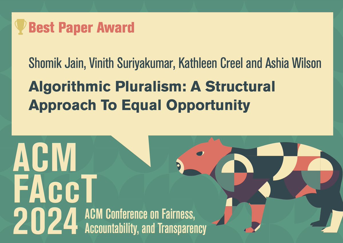 FAccTConference's tweet photo. S. Jain, @VMSuriyakumar @KathleenACreel, A. Wilson
Algorithmic Pluralism: A Structural Approach To Equal Opportunity https://t.co/WpanZS91PR ๐ #facct24 https://t.co/7PcVuXQ64r