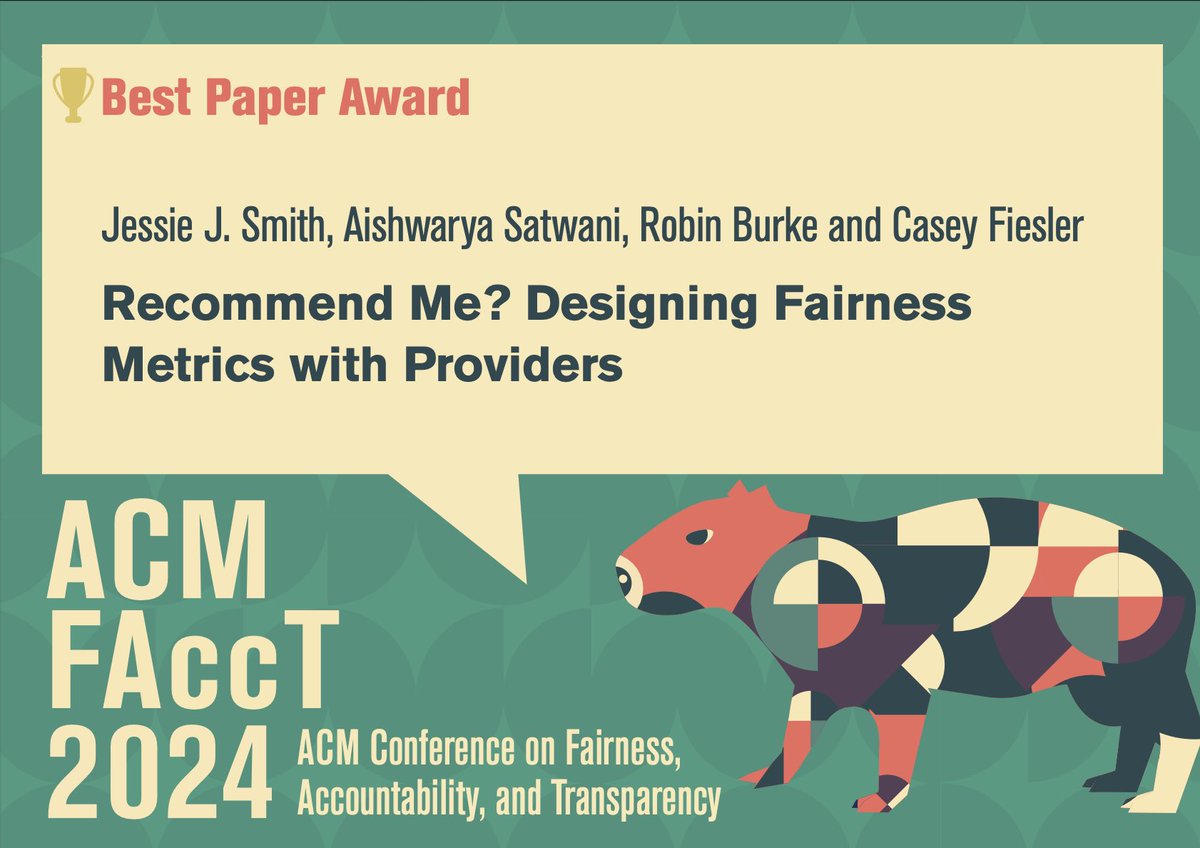 ACM FAccT (@facctconference) on Twitter photo <a href="/_jessiejsmith_/">Jess</a> A Satwani, <a href="/rburke2233/">Robin Burke</a>, <a href="/cfiesler/">Dr. Casey Fiesler is no longer on here</a>. Recommend Me? Designing Fairness Metrics with Providers facctconference.org/static/papers2… 🎆 #facct24 <a href="/_jessiejsmith_/">Jess</a> A Satwani, <a href="/rburke2233/">Robin Burke</a>, <a href="/cfiesler/">Dr. Casey Fiesler is no longer on here</a>. Recommend Me? Designing Fairness Metrics with Providers facctconference.org/static/papers2… 🎆 #facct24
