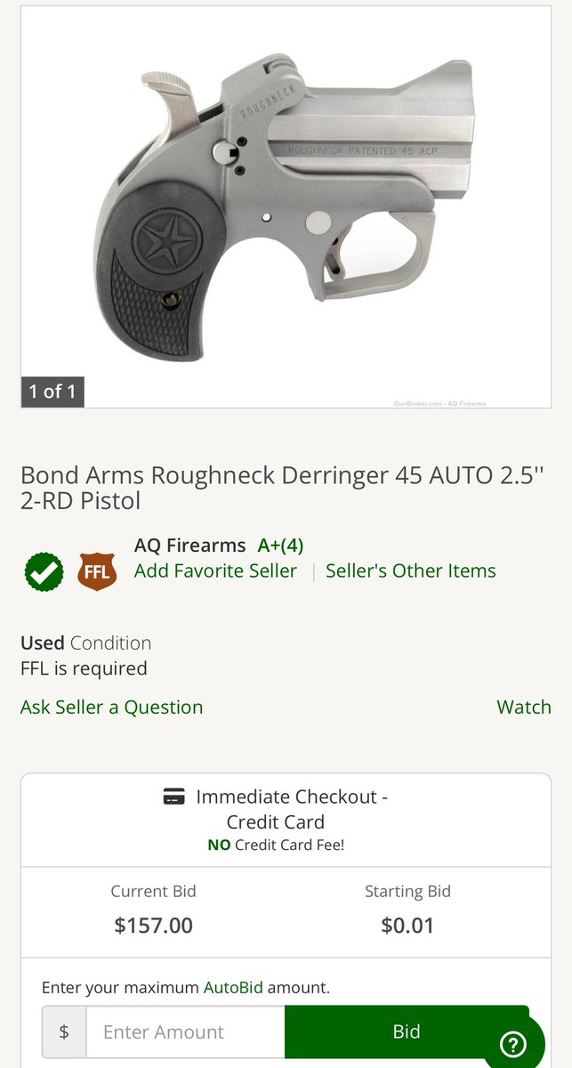 AQFirearms's tweet photo. Penny auction live on Gunbroker. Currently sitting at $157.00.  Don’t miss out on a steal.

Let’s do business.

https://t.co/8ESf5pzo4P

https://t.co/aVOsa8K0cT

#AQFirearms #FFL #SOT #Wisconsin #GunBroker #BondArms #Texas https://t.co/vCCueIb1Dk