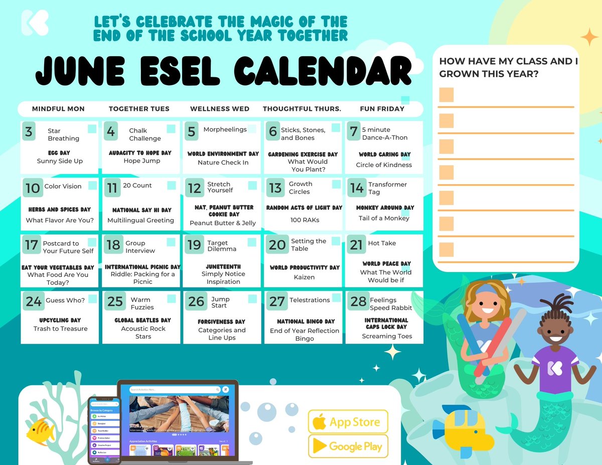🌟 Embrace the magic of June with the Kikori June SEL Calendar! 📆
✨ Connect with your students through joy, reflection, and celebration of their achievements. 
🌈 Get your calendar now at wix.to/u3Gi2uG and make this month unforgettable!