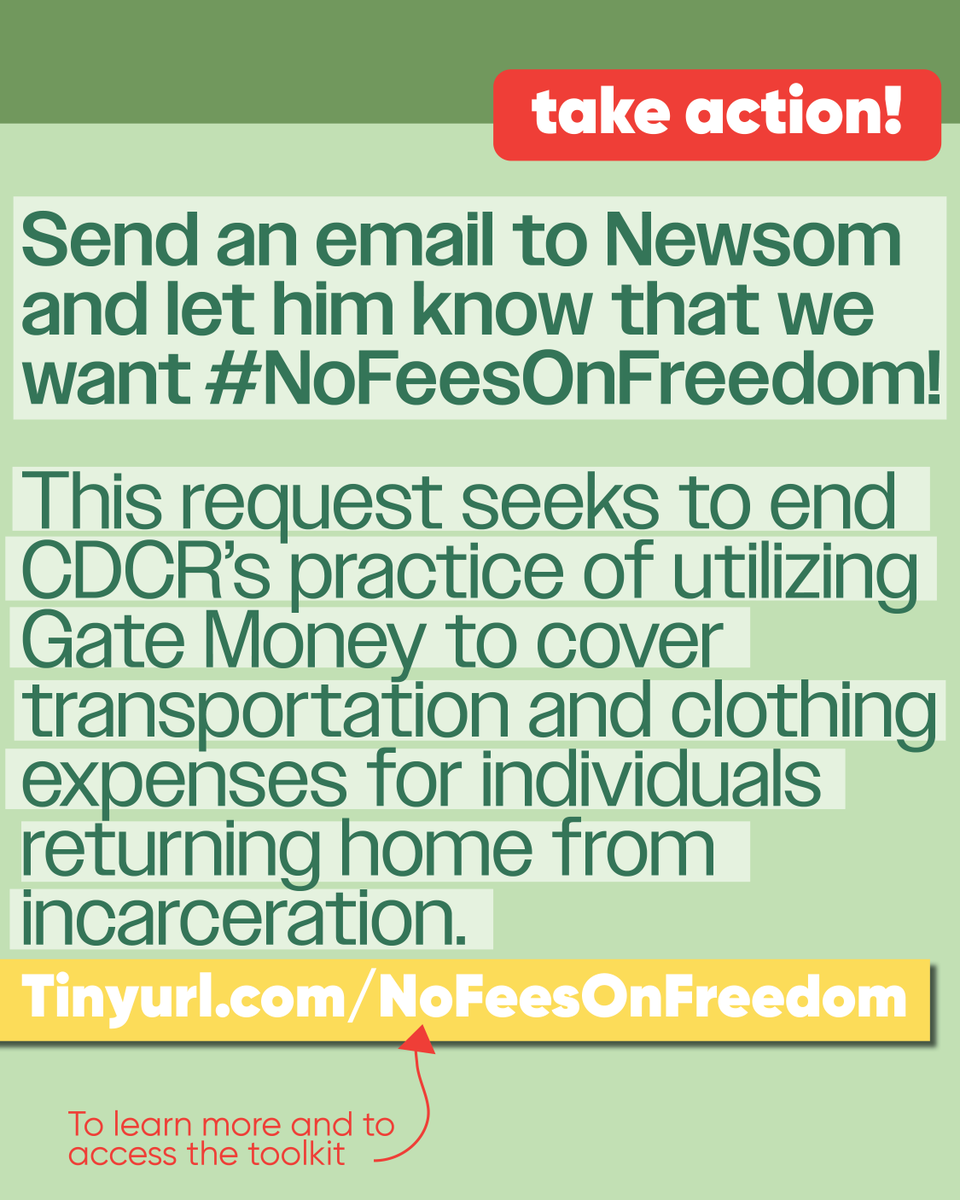 ACT NOW! Let’s create safe and successful reentry. Email Governor Newsom using the template here: Tinyurl.com/NoFeesOnFreedom

#NoFeesOnFreedom
