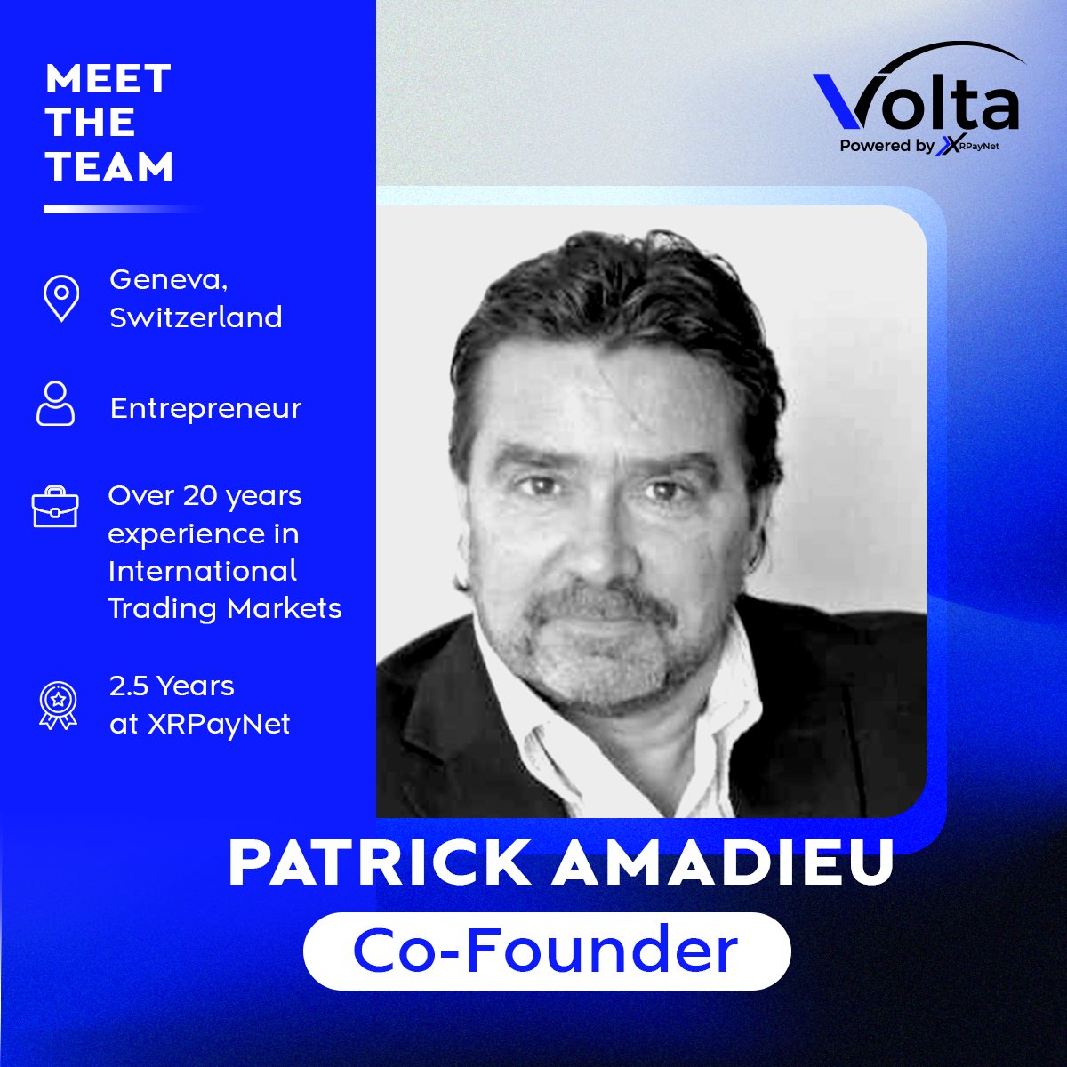 VoltaWallet's tweet photo. Patrick Amadieu, our Co-Founder, is a visionary entrepreneur from Geneva, Switzerland. With over 20 years of experience in international trading markets, Patrick's leadership has propelled us to incredible heights! โญ ๐ #MeetTheTeam #TeamVolta https://t.co/Bbt4tQ6WkQ