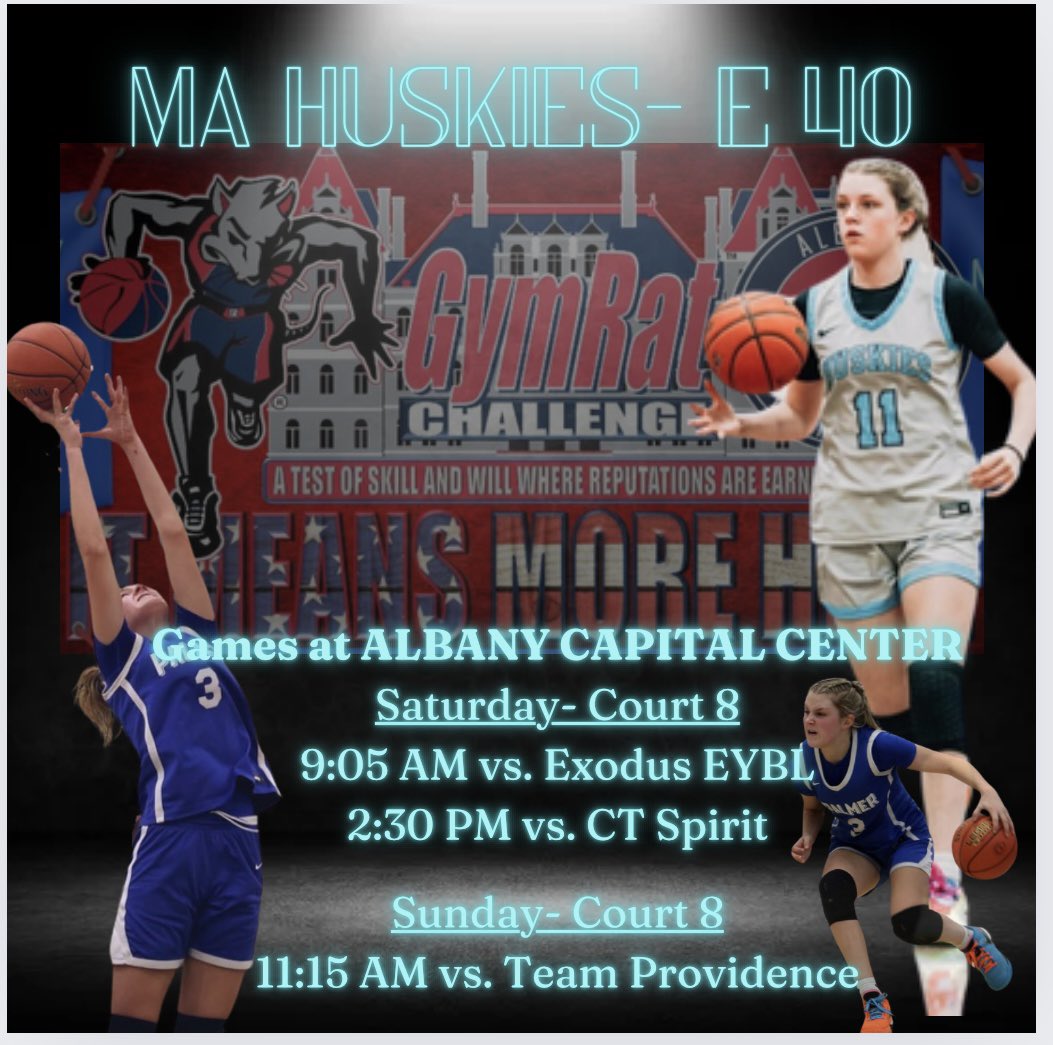 CharTheriault3's tweet photo. Here is my team’s schedule for this upcoming weekend at Gym Rat Challenge! Come see us play! @MAHuskies  @sa_girlshoops @HerHoopsNetwork https://t.co/I3jEk9L24n
