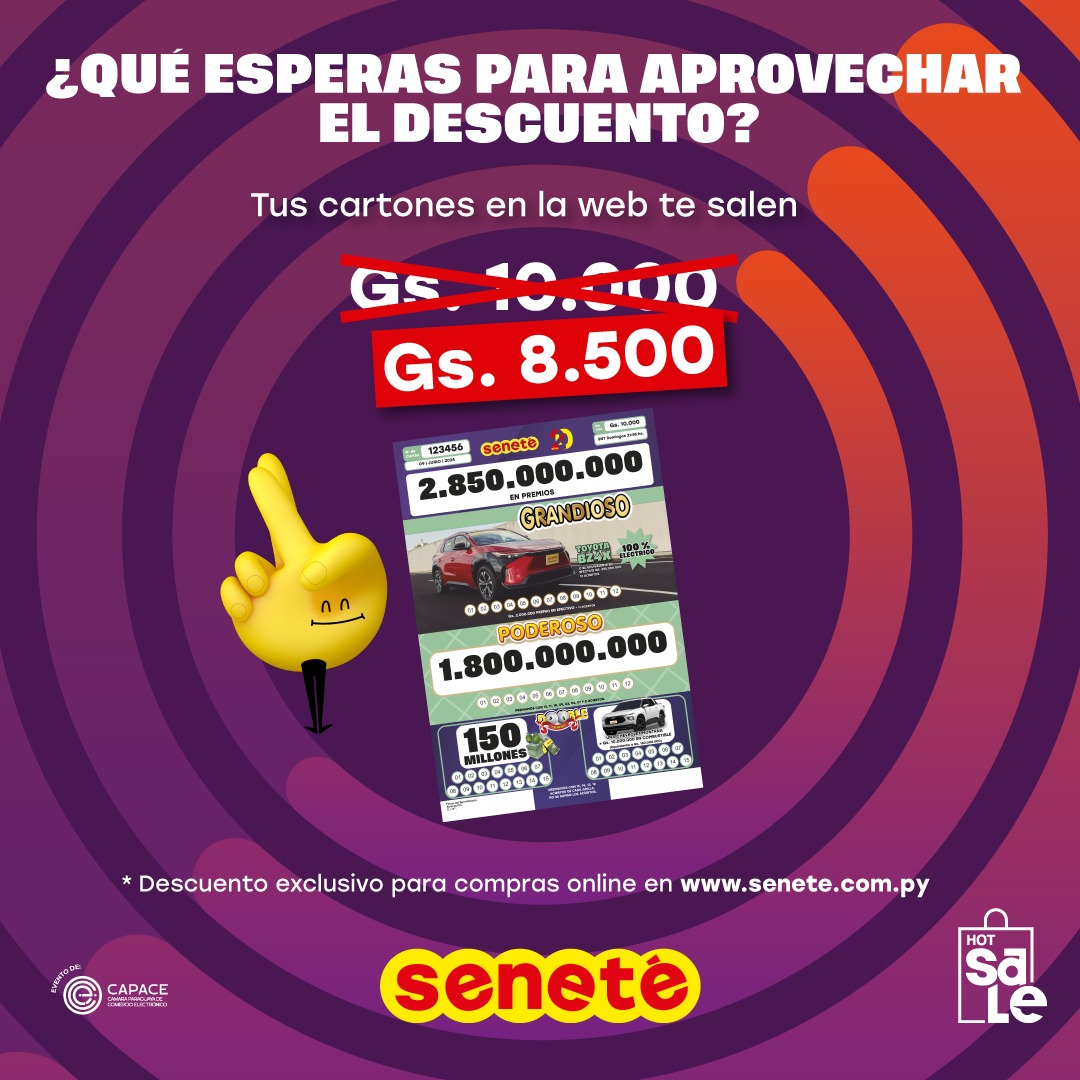 sntparaguay's tweet photo. 🥳 ¡Los descuentos por el #Hotsale2024 te esperan!
🤑 Tus cartones digitales en la web te salen a Gs. 8.500
📌 Ingresá a 👉🏻https://t.co/JYIBMcnSth y escogé tus números de la suerte
#Seneté #Cheporemoi #Descuentos #Suerte #Ahorro https://t.co/G6lSXSAirp