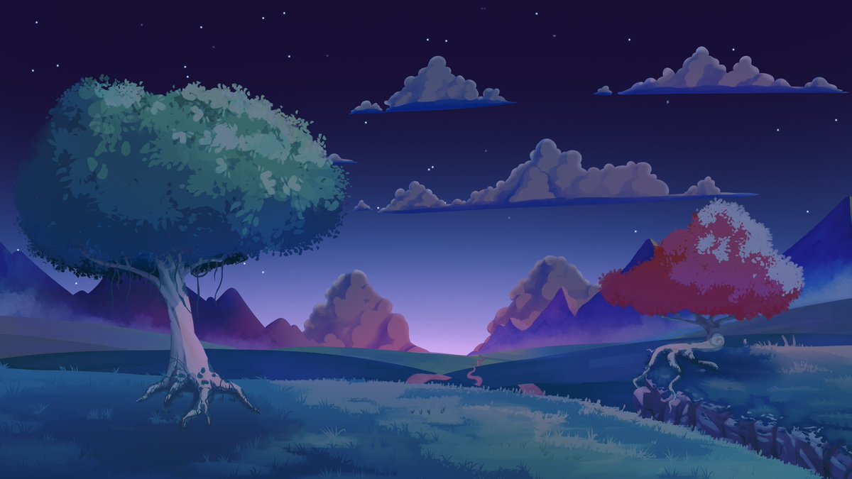 etherdreams's tweet photo. (⸝⸝ᴗ﹏ᴗ⸝⸝) ᶻ 𝗓 𐰁
We are working on new backgrounds for our game, this is a variation of the first one and we will implement it over the next few weeks!

#kirakiraslimes #gamedev #puzzlegame #illustration #landscape #night #relaxing #gameart #game #art #digitalart https://t.co/n17bERouIe
