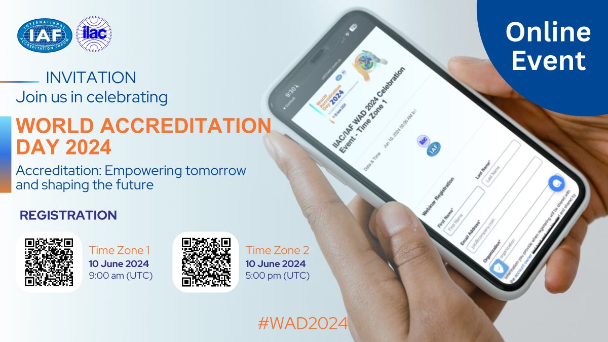 Registration is still open! 📢
IAF and ILAC are holding a virtual #WAD2024 event on 10 June! Register now using one of the links below or scanning the QR code.
Time Zone 1 (09:00 AM UTC) us02web.zoom.us/meeting/regist……
Time Zone 2 (05:00 PM UTC) us02web.zoom.us/meeting/regist…