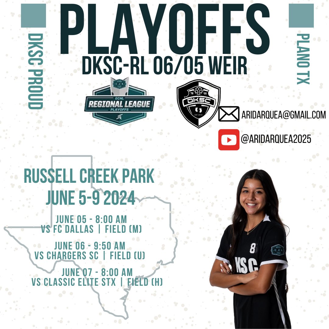 AriannaDarquea's tweet photo. Headed to #ECNLRLPlayoffs this week in Dallas !! One Last ride with the 24’s.

@DKSC_official @DKSC_05_06_RL1 @ImYouthSoccer @SSN_NCAASoccer @PrepSoccer @ImCollegeSoccer @TheSoccerWire @ECNLgirls @EcnlTexas https://t.co/nkbt14tDNa