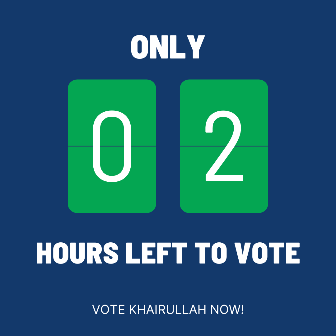 MK4Congress's tweet photo. 2 HOURS LEFT TO VOTE!! Please go out to your local polling station if you haven't already -- this is the final stretch, let's make it count

#vote #khairullahforcongress https://t.co/EwEuBsBTeJ