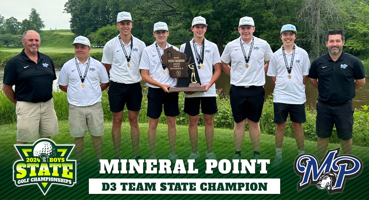 Congratulations to Mineral Point, the 2024 WIAA D3 Boys Golf Team State Champions! The Pointers earned their program's first-ever title with a 27-hole score of 483 at Blackwolf Run! 🏆 #wiaagolf #statechamps