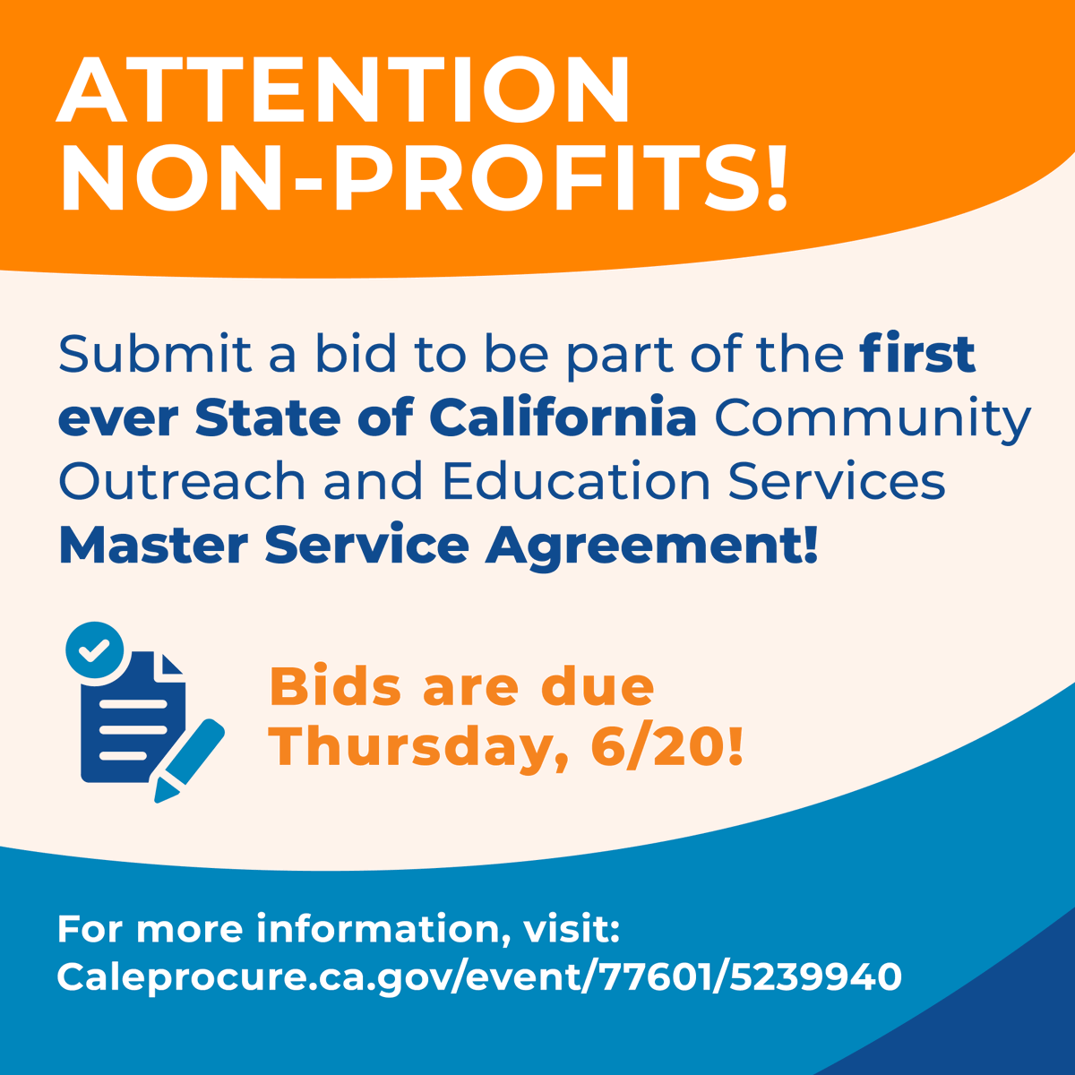 che_ucsf's tweet photo. New opportunity for non-profits to become prequalified community outreach and education services vendors with California state and local government!
Any community-based nonprofit can submit a bid! Bidders conference June 6, 10 am. Bids due June 20. Visit https://t.co/tbySuufEw8 https://t.co/XQ7cwU3YZW