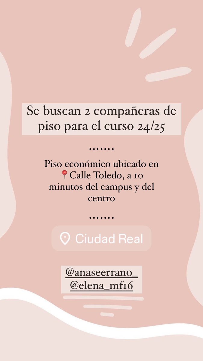 Se buscan 2 compañeras de piso en Ciudad Real, piso ubicado ven la calle Toledo y a 10 minutos del centro.
<a href="/anaaseerrano/">Ana Serrano</a>