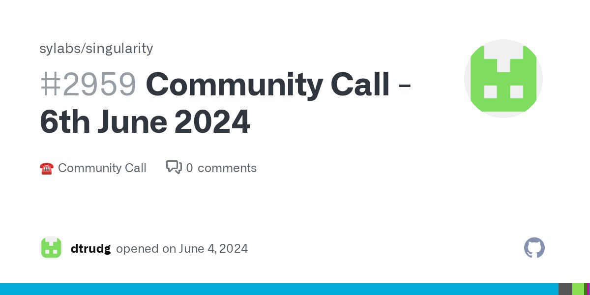 SylabsIO's tweet photo. Join us on Thursday 6th June, at 12:00 noon ET/16:00 UTC for the #SingularityCE Community Call! This month we will be demonstrating OCI-SIF data containers as well as Pushing OCI-SIF images for use with other OCI runtimes. 
For more info click here: https://t.co/X4gyyCVCX3 https://t.co/JlAFr7XjPx