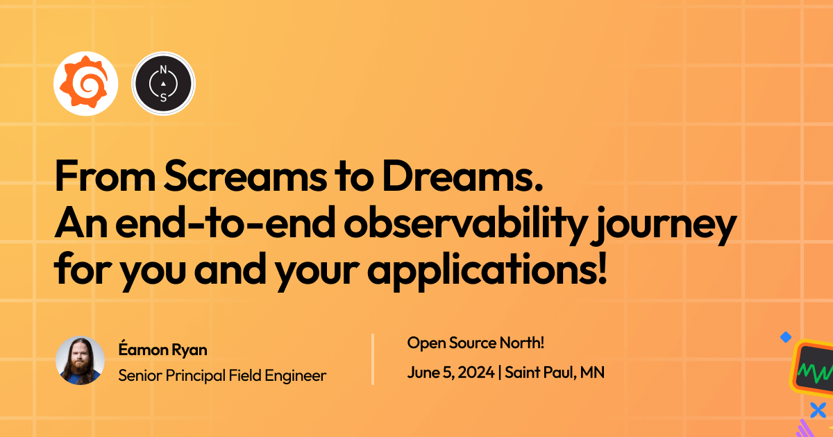 grafana's tweet photo. 👯 Meet us in St. Paul, Minneapolis, at #OpenSourceNorth! We can't wait to see you at booth 10G.
Don't miss Éamon's talk so you can maintain context, diagnose problems faster and ultimately sleep better knowing your applications are truly running well. https://t.co/rwI9dDdgtn
