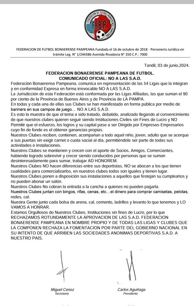 ascensointerior's tweet photo. La Federación de Fútbol Bonaerense Pampeana - FFBP, que nuclea mas de 50 Ligas de Buenos Aires y La Pampa, manifestó en un comunicado "un rotundo rechazo a la aprobación de las Sociedades Anónimas Deportivas (SAD)".

LOS CLUBES 🇦🇷 SON DE LOS SOCIOS https://t.co/zVNdUc6mvL