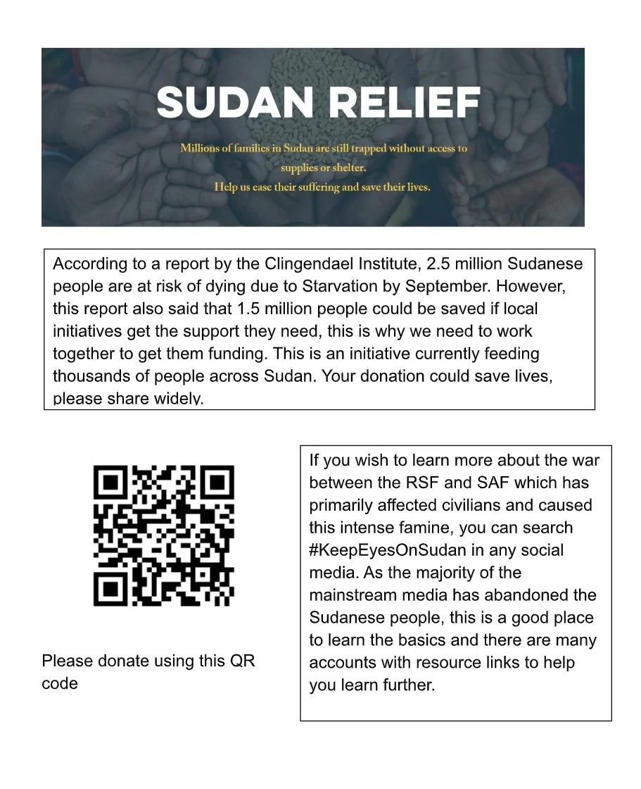 SudanScotland's tweet photo. I am sure most of you will be aware of the shocking statistics from a recent report that says 2.5 million Sudanese people could die from starvation by September and that the most important ways to combat this is through local initiatives. This is why I have created these flyers🧵 https://t.co/3X1IpwDFGp