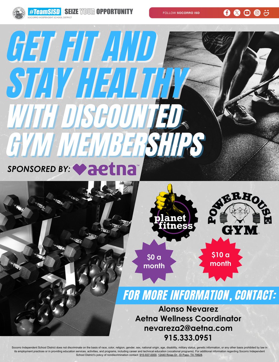 sisd_hr's tweet photo. #TeamSISD Department of Human Resources partners with @Aetna to provide @SocorroISD employees with discounted gym memberships to @PlanetFitness and @PowerhouseGym. 🏋️💪

For more information, please contact Alonso Nevarez, Aetna Wellness Coordinator. https://t.co/wOpjHz0alo