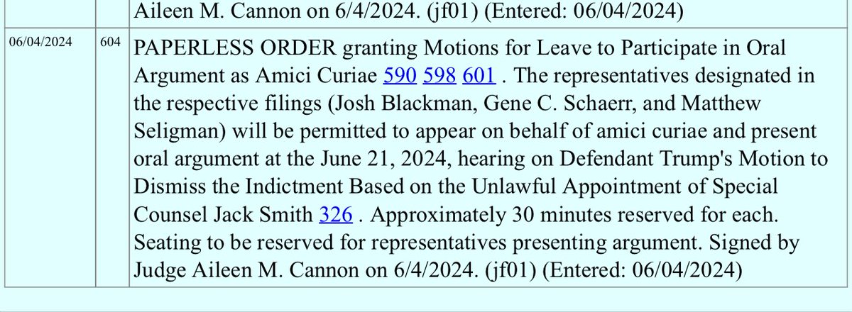 Judge Cannon will allow several non-parties to participate in oral argument during a hearing set to take place later this month on Trump’s motion to dismiss the classified documents case based on “the unlawful appointment of Special Counsel Jack Smith.”