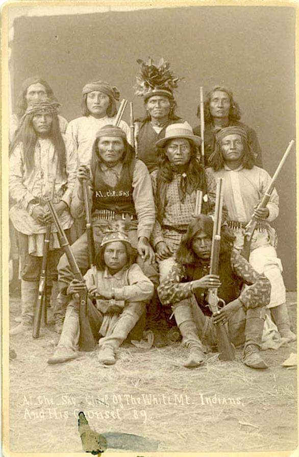 ChitkwesuManetu's tweet photo. Chief Ai-Che-Say and other White Mountain Apaches. 1882. Photo by Andrew Miller. https://t.co/SI5HkCOlFH