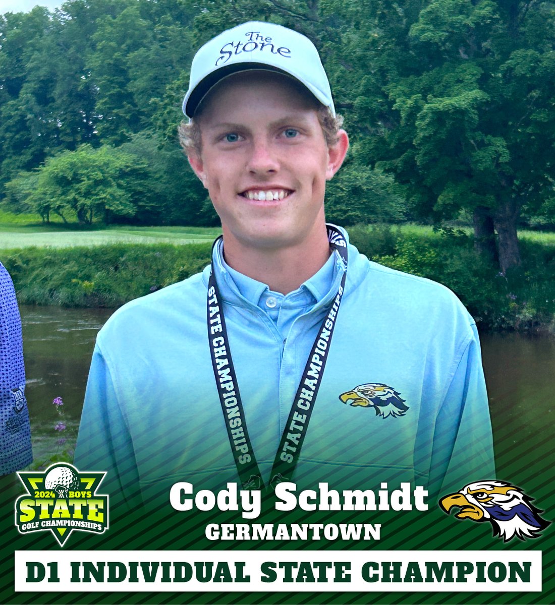Congratulations to Cody Schmidt, a Germantown senior, on winning the D1 Boys Golf Individual State Title! He shot 1-over-par with a 36-hole total of 145 for the two-day tournament, after tying for 57th last season. Way to go, Cody! 🥇🏆#wiaagolf #statechamp