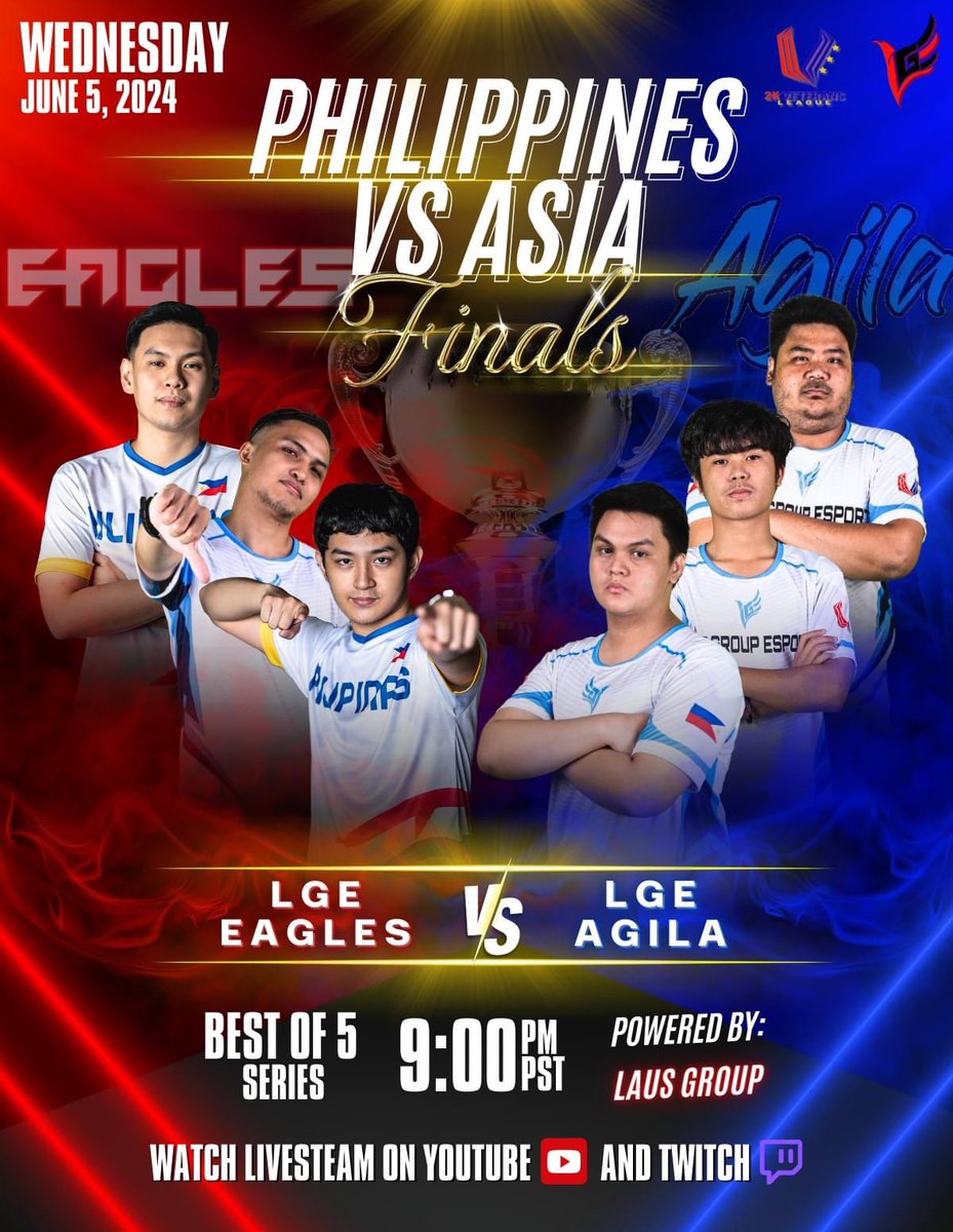 The moment we've all been waiting for 

PHILIPPINES VS ASIA FINALS! 🏆

Catch our livestreams tonight at 9:00pm PST with the links below:

YOUTUBE:  youtube.com/@paomadz6503?s…
TWITCH: twitch.tv/3lcb1

#championship
#Finals
#NBA2KTournament
#PhilippinesvsAsia
#2kveteransPH