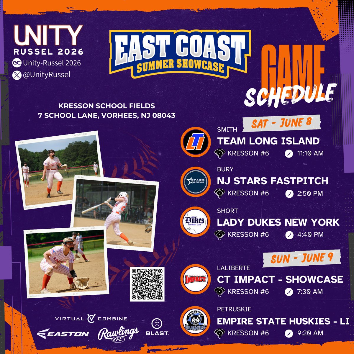 UnityRussel's tweet photo. Time for the @eastcoast_sb Summer Showcase!!! We will be hitting the fields for 3 on Sat &amp; 2⏰early on Sun - all on Kresson #6. We cannot wait to 👀 you out there &amp; look forward to showing you our very🌟best🌟 #unitystrong @VAUnitySB @ExtraInningSB @FastpitchAthRec @BoostSoftball https://t.co/vJ46WPoCmf