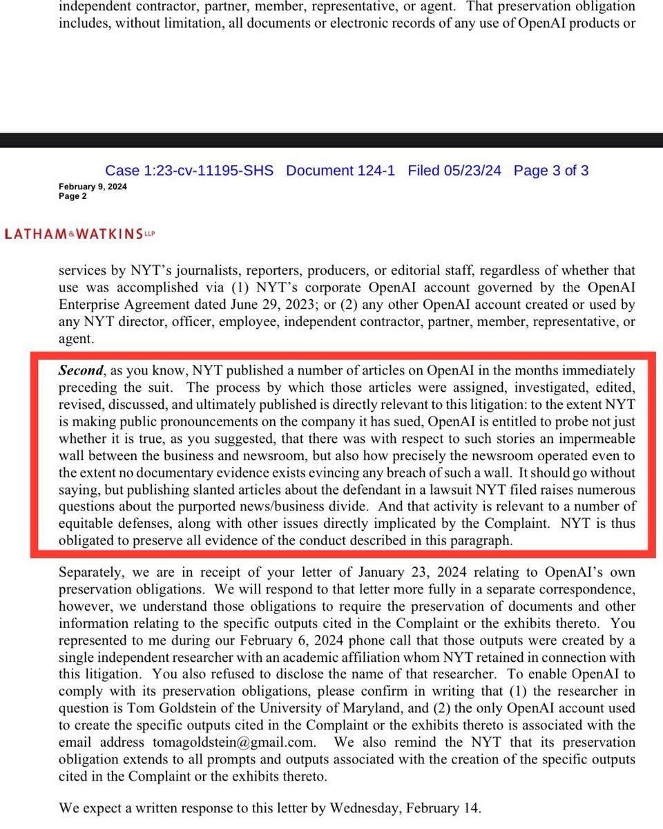 Unsurprisingly, NYT and OpenAI file to court an impasse in OpenAI’s absurd attempt to penetrate the independent newsroom suggesting weaponized coverage. This is OpenAI’s attitude towards journalism and evidence to keep in mind in this copyright lawsuit and covering the company.