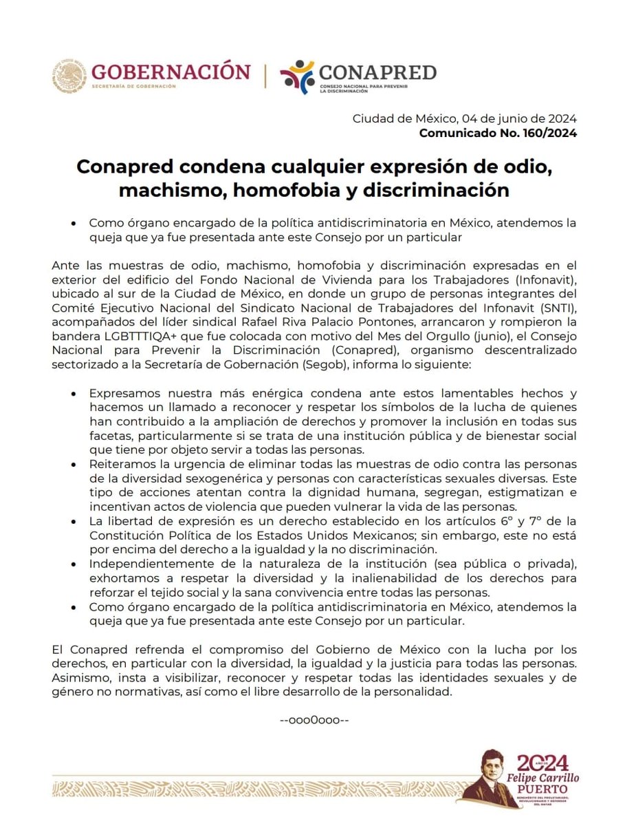 ⭕#GobernaciónInforma | <a href="/CONAPRED/">Conapred</a> condena cualquier expresión de odio, machismo, homofobia y discriminación.

• Como órgano encargado de la política antidiscriminatoria en México, atendemos la queja que ya fue presentada ante este Consejo por un particular.

📲