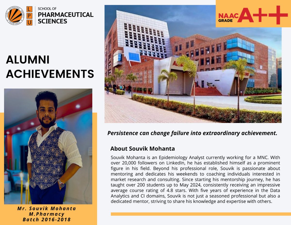 Charting the Path to Success: School of Pharmaceutical Sciences, LPU celebrating the remarkable achievements of our pharmacy alumni Mr. Souvik Mohanta  (M.Pharmacy Batch 2016-2018). #lpu #lpuuniversity #thinkbig #lpupharmaceutical
