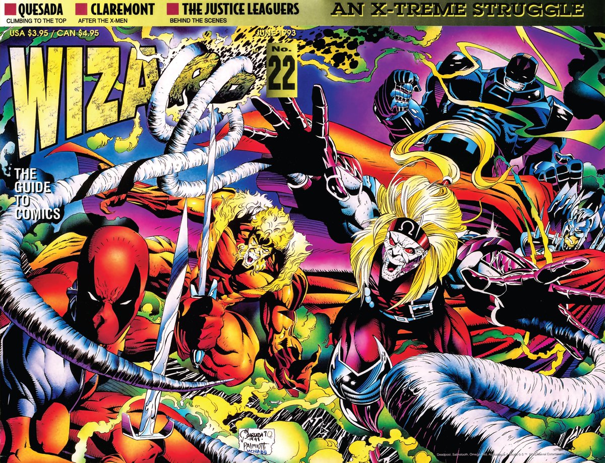 ClassicXMen's tweet image. Wizard #22 double-page cover by @JoeQuesada and @JPalmiotti.