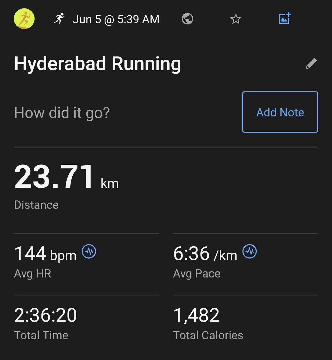 databaaj's tweet photo. #MidweekModerateRun of 23.71K with pace target of 6:36 & AHR < 148
Achieved: 6:36; AHR 144. Pushed the last lap a little harder to check the tired legs esp after interval run yesterday and 22 Kms today.
Hydration: Buttermilk + water
#Pledge24 #ARStats2024 #RunningTwitter https://t.co/NFxtFljm74