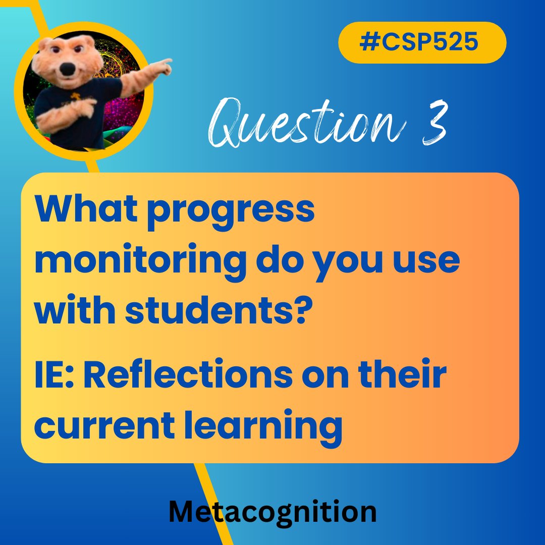 MsCorriG's tweet image. Q3: What progress monitoring do you use with students?

IE: Reflections on their current learning
#CSP525 #csp525